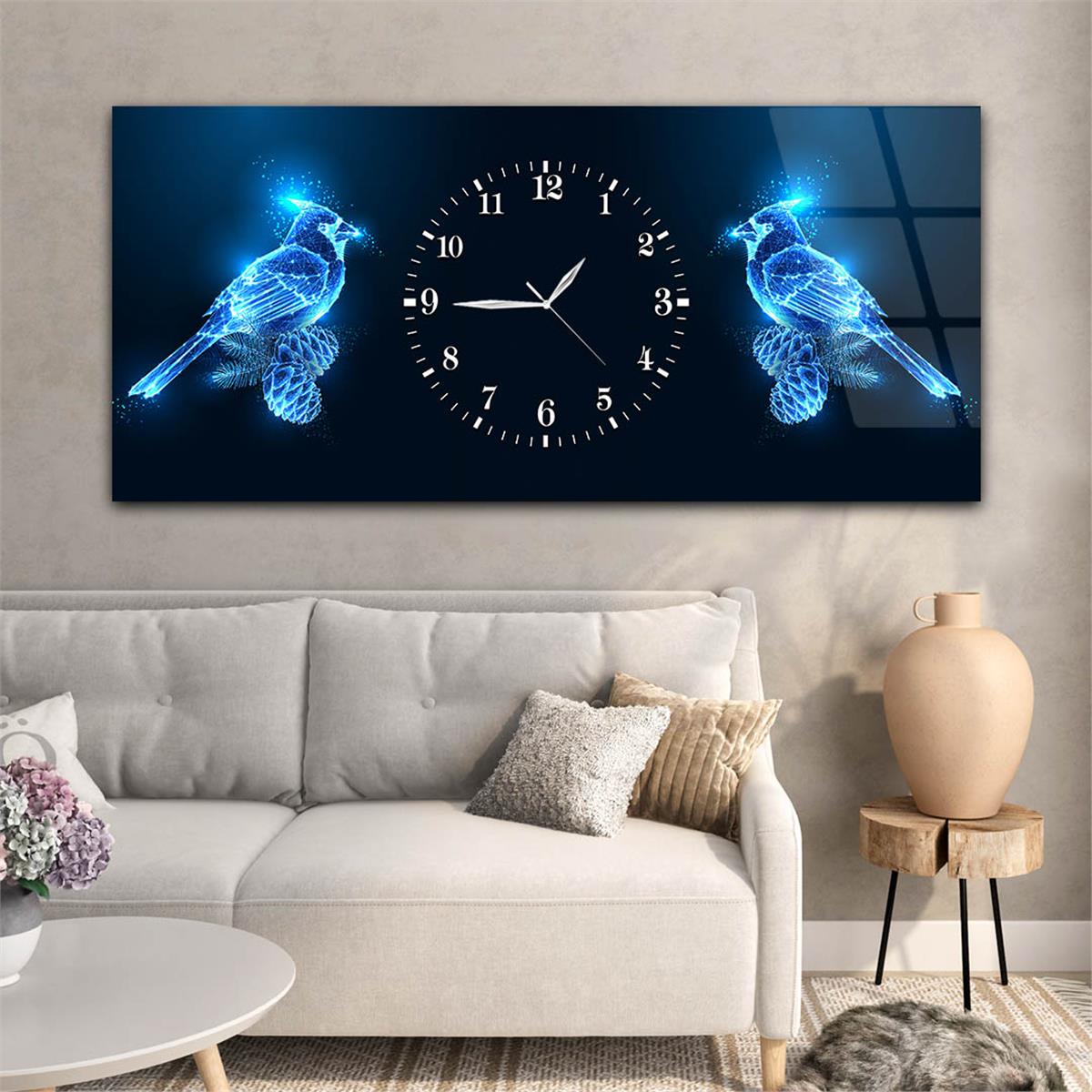 Yatay Ortadan Saatli  Sanat ve Doğa Temalı Cam Tablo 073