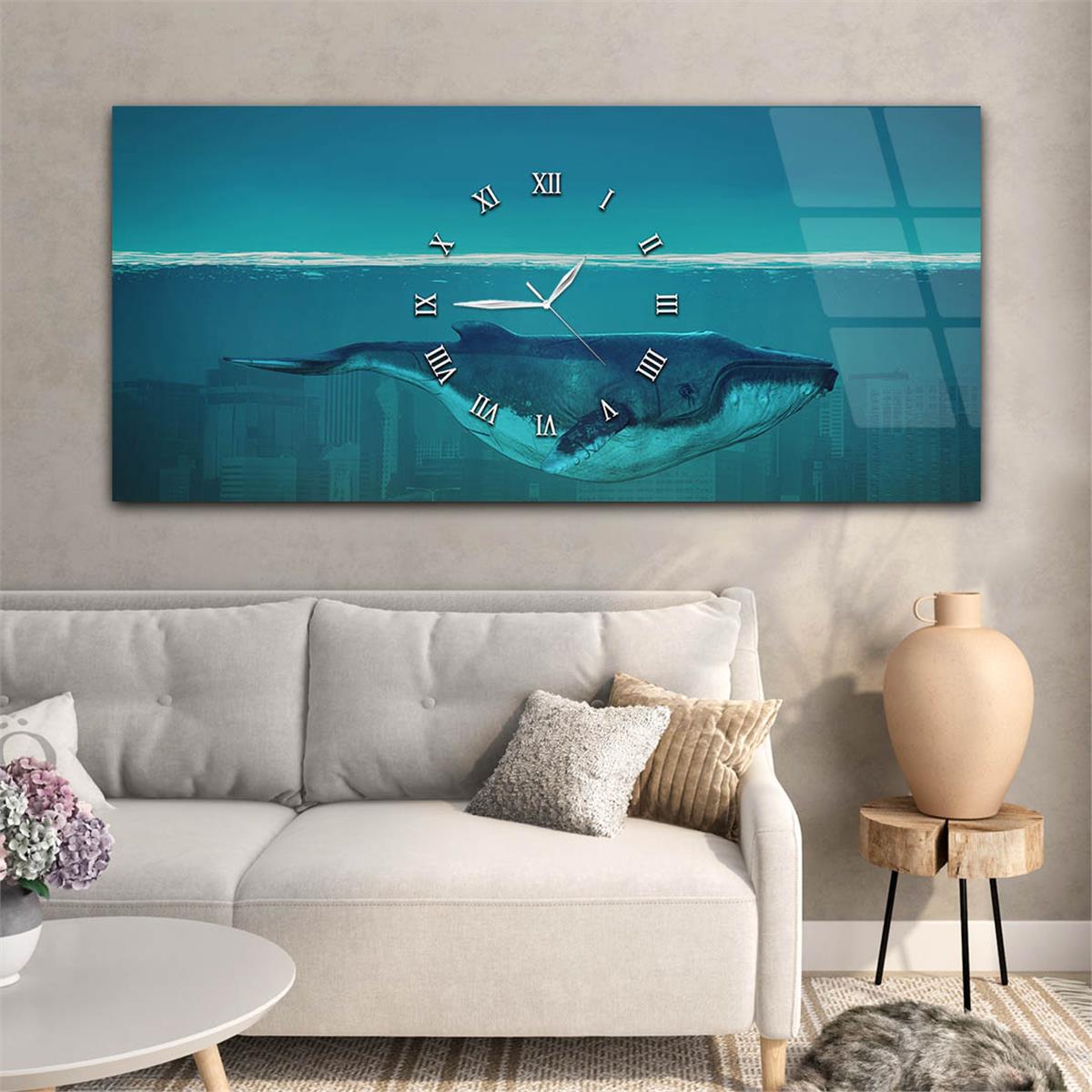 Yatay Ortadan Saatli  Sanat ve Doğa Temalı Cam Tablo 018