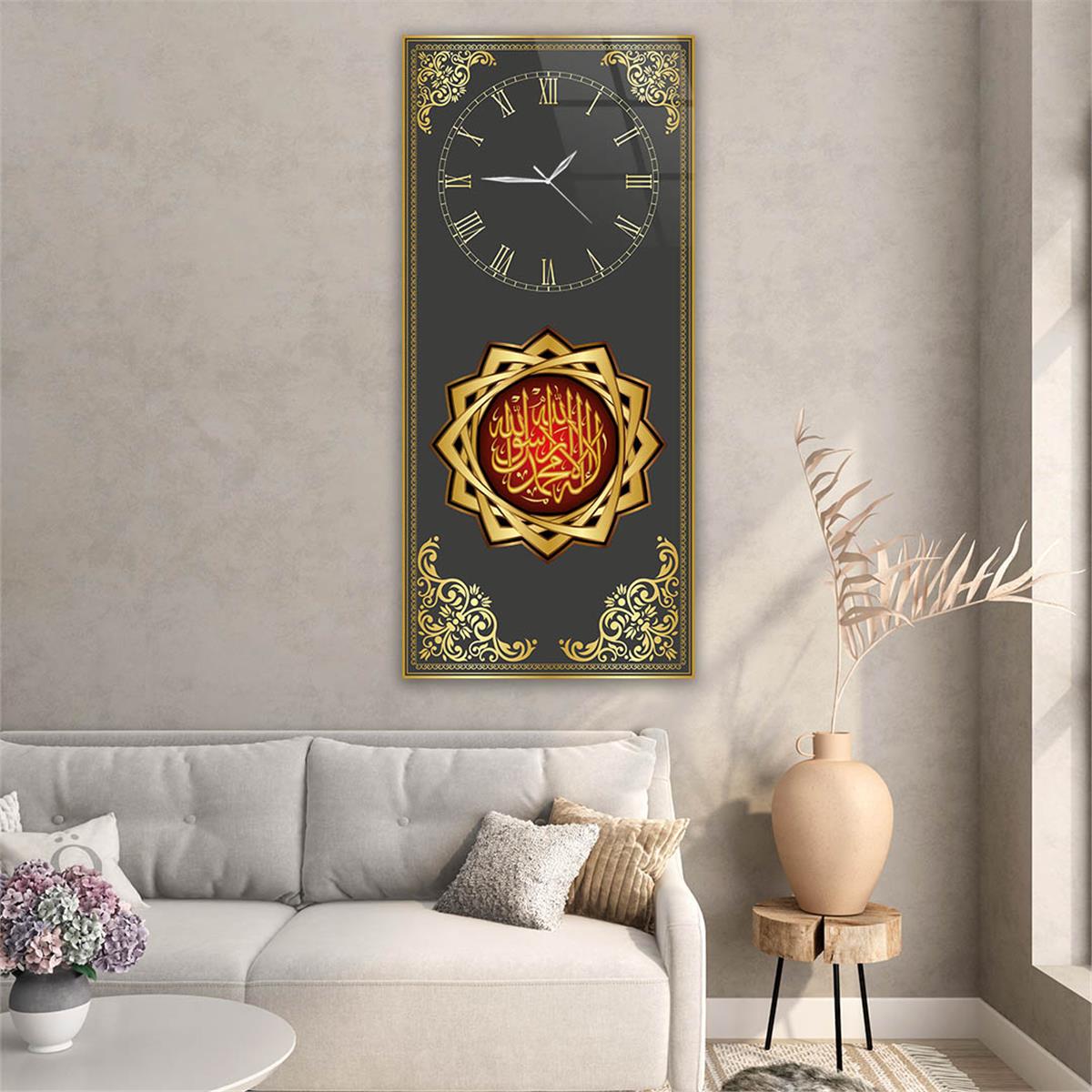 Vertical Religious Themed Glass Wall Art with Clock at the Top  029