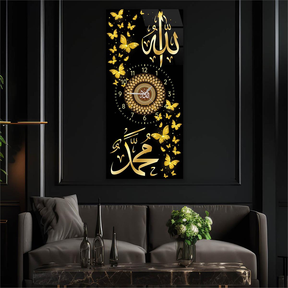 Vertical Religious Themed Glass Wall Art with Clock at the Center 013