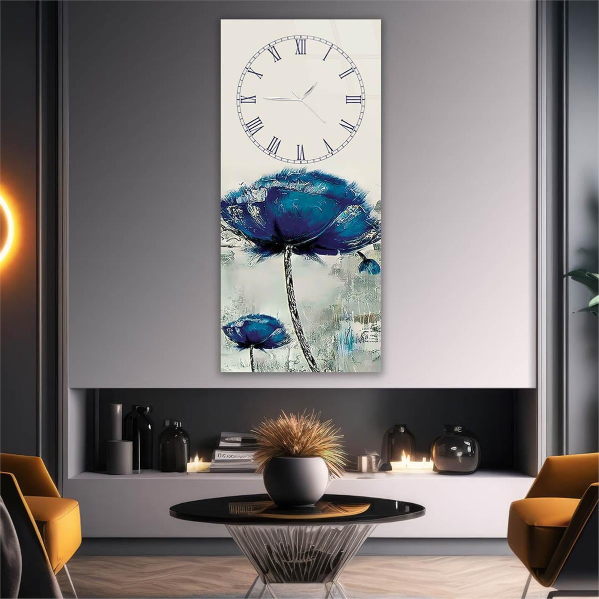 Dikey Üstten Saatli Sanat Temalı Cam Tablo 075