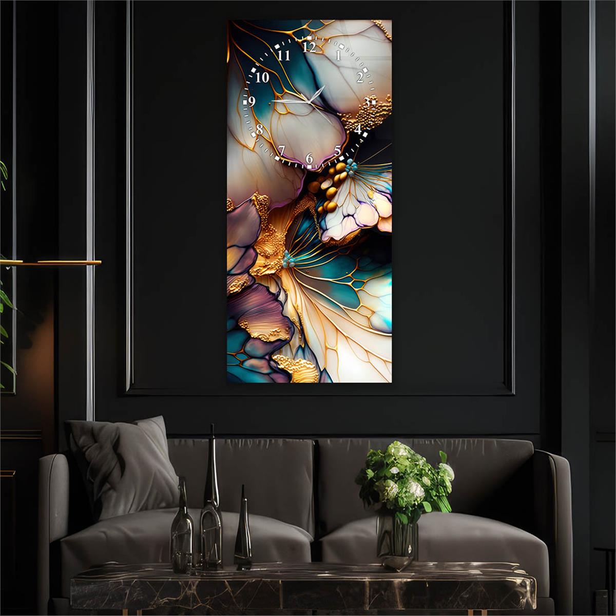 Dikey Üstten Saatli Sanat Temalı Cam Tablo 029