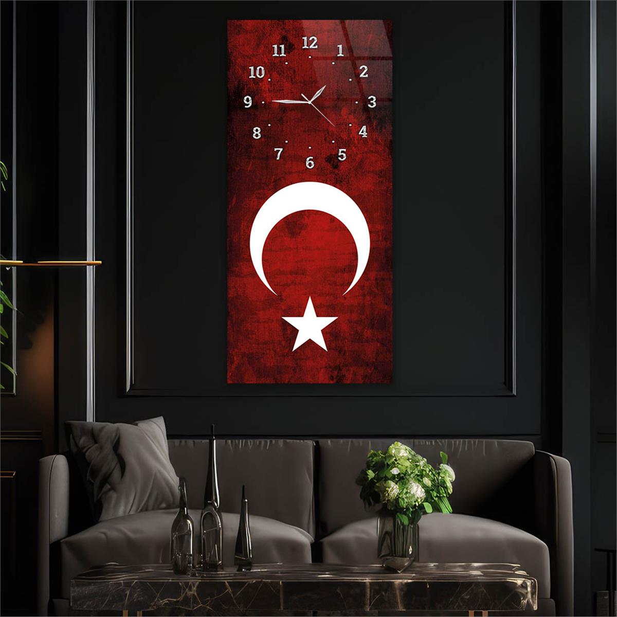 Dikey Üstten Saatli Vatan Temalı Cam Tablo 030