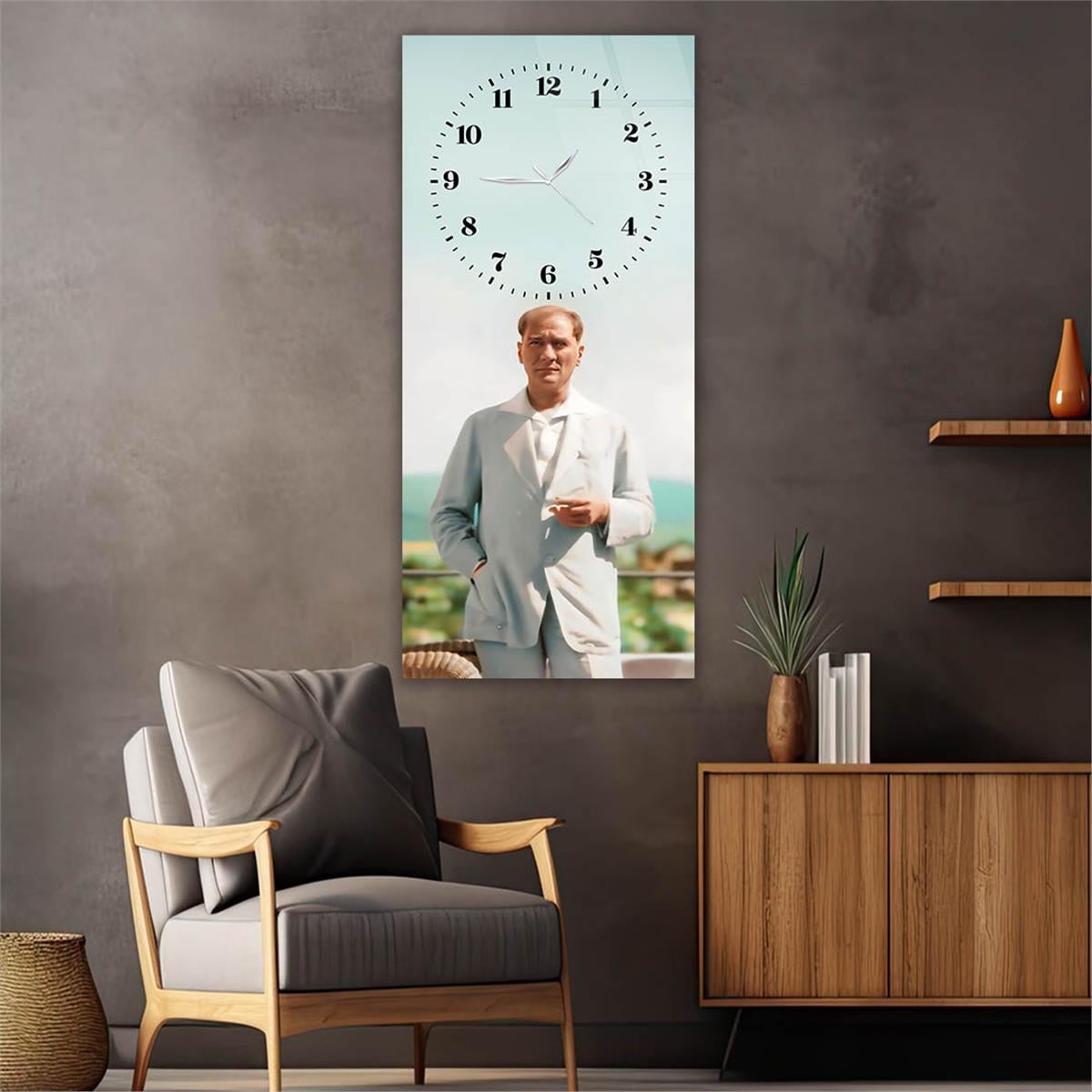 Dikey Üsten Saatli Vatan Temalı Cam Tablo 002