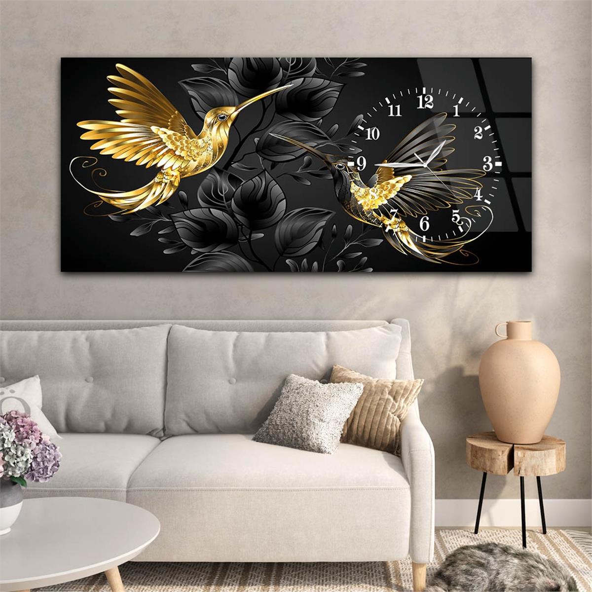 Yatay Saatli Yandan Sanat ve Doğa Temalı Cam Tablo 089