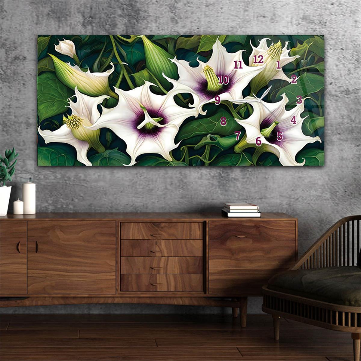 Lily flower patterned Horizontaal, Aan De Zijkant Voorzien Van Een Klok, Kunst en Natuur Thema Gehard Glasschilderij 234