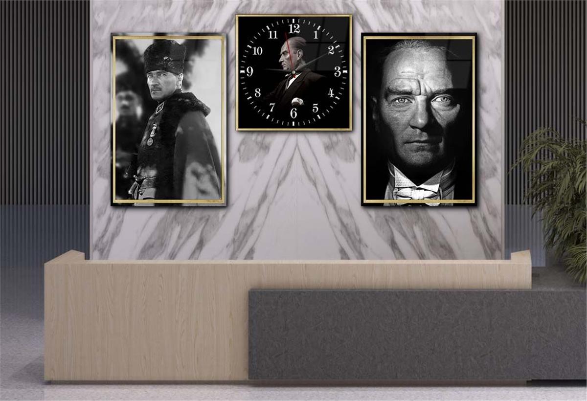 ATATÜRK Tempered Glass Wall Art Set with Clock 