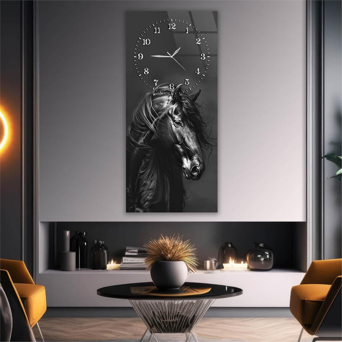 Dikey Üstten Saatli Sanat Temalı Cam Tablo 099