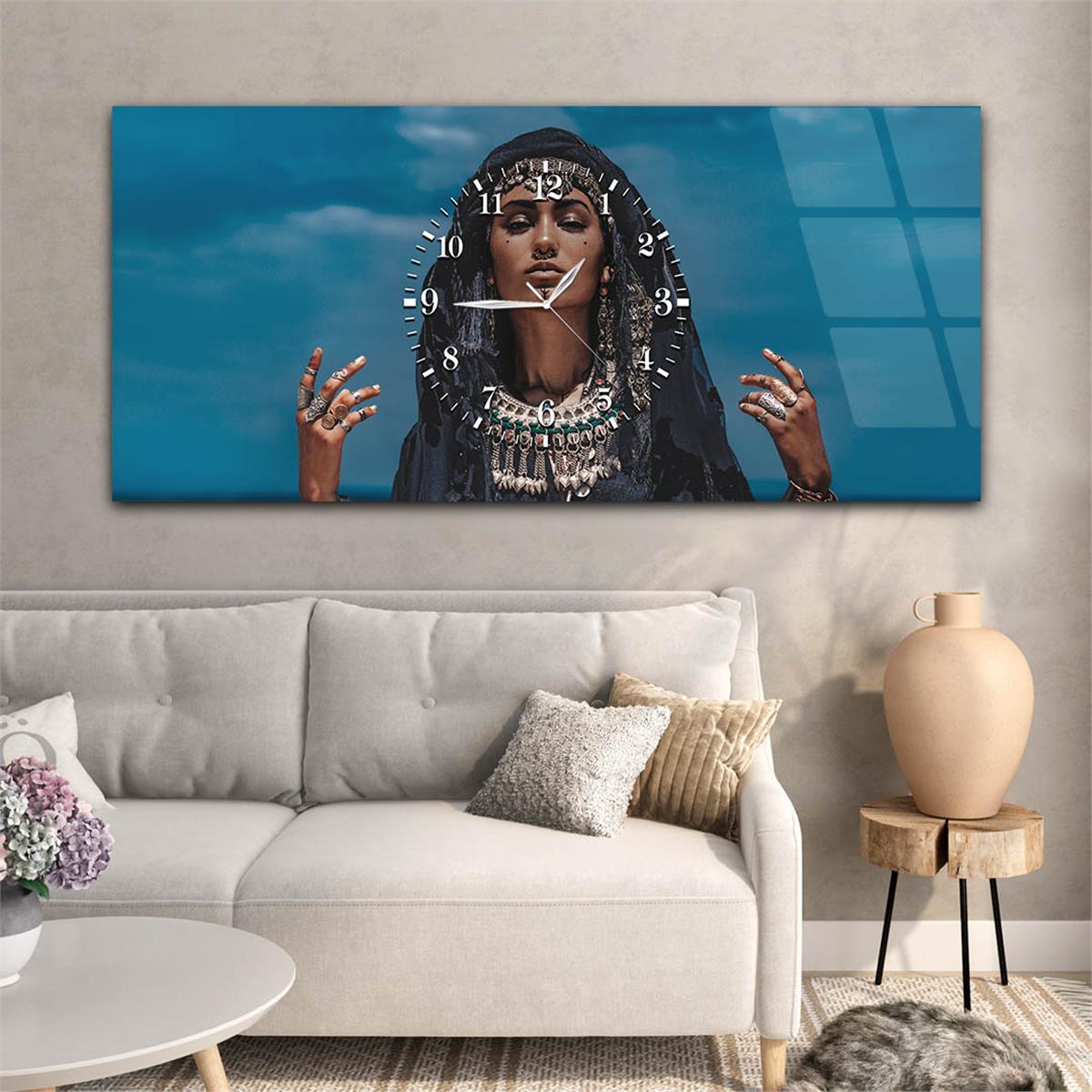 Yatay Ortadan Saatli  Sanat ve Doğa Temalı Cam Tablo 041