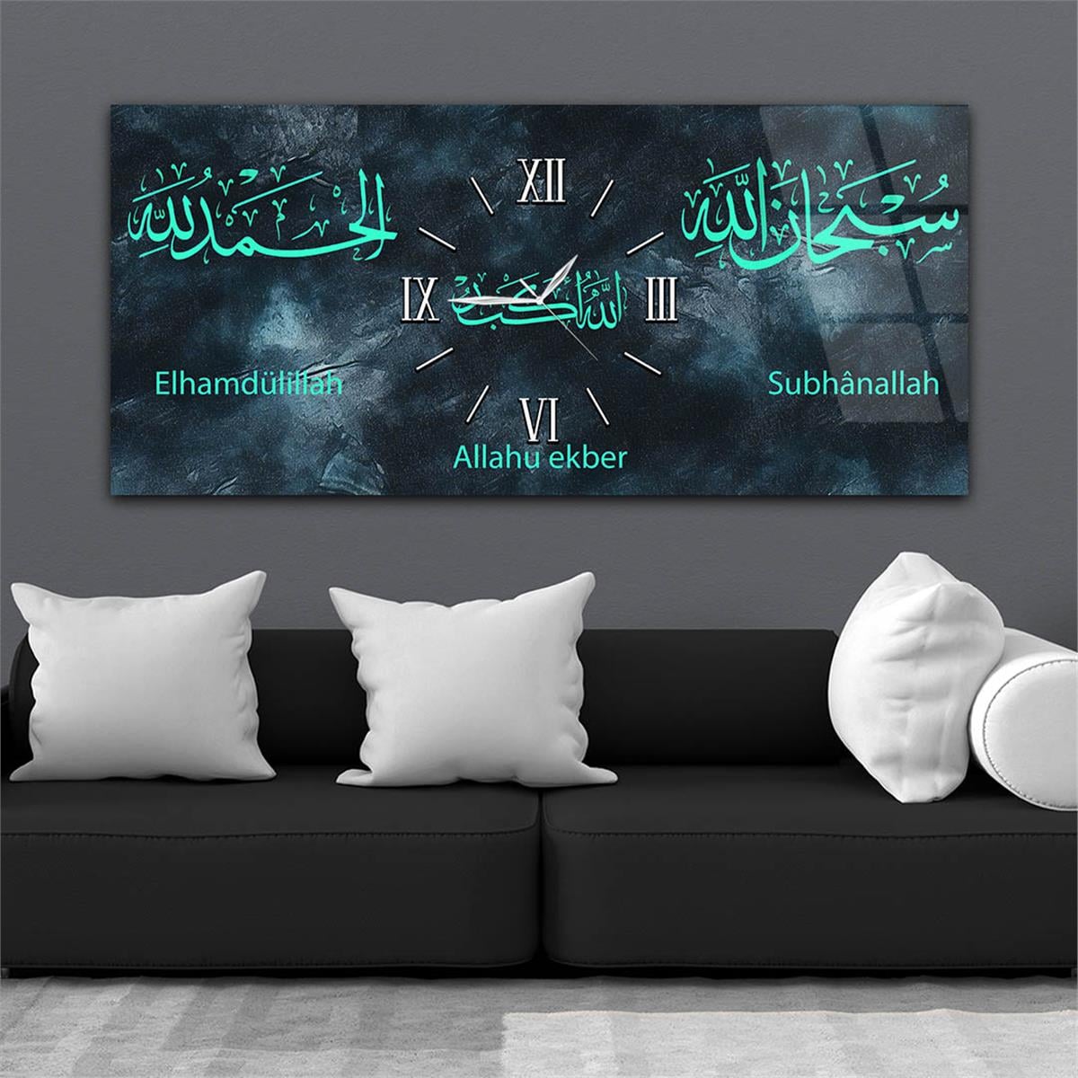 لوحة زجاجية أفقية ذات طابع ديني مع ساعة في الوسط 094