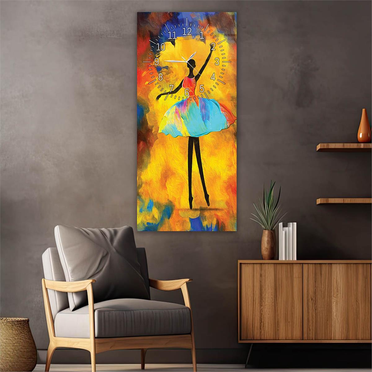 Dikey Üstten Saatli Sanat Temalı Cam Tablo 061