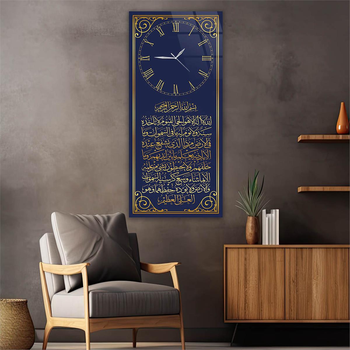 Vertical Religious Themed Glass Wall Art with Clock at the Top  004