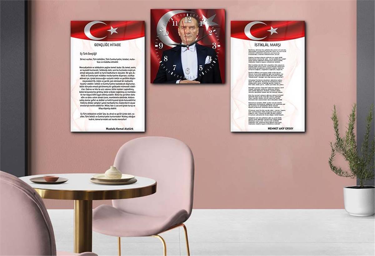 Atatürk and Independence March Glass Wall Art Set with Clock