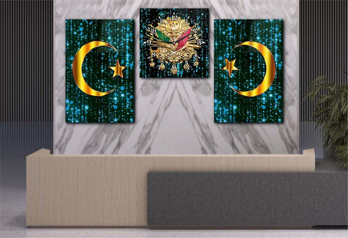 Ottoman State Coat of Arms and Crescent-Star Tempered Glass Wall Art Set with Clock