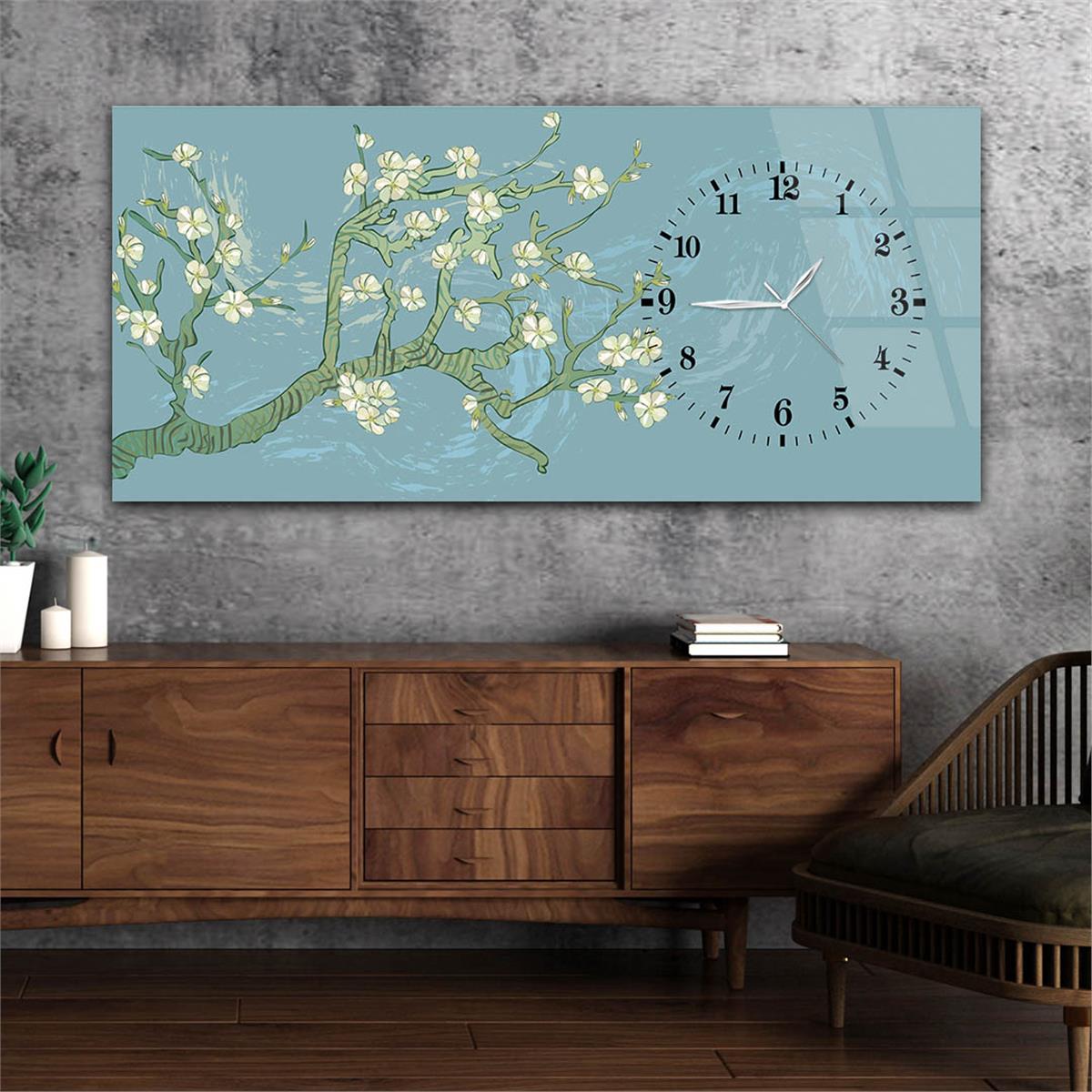 Yatay Saatli Yandan Sanat ve Doğa Temalı Cam Tablo 070