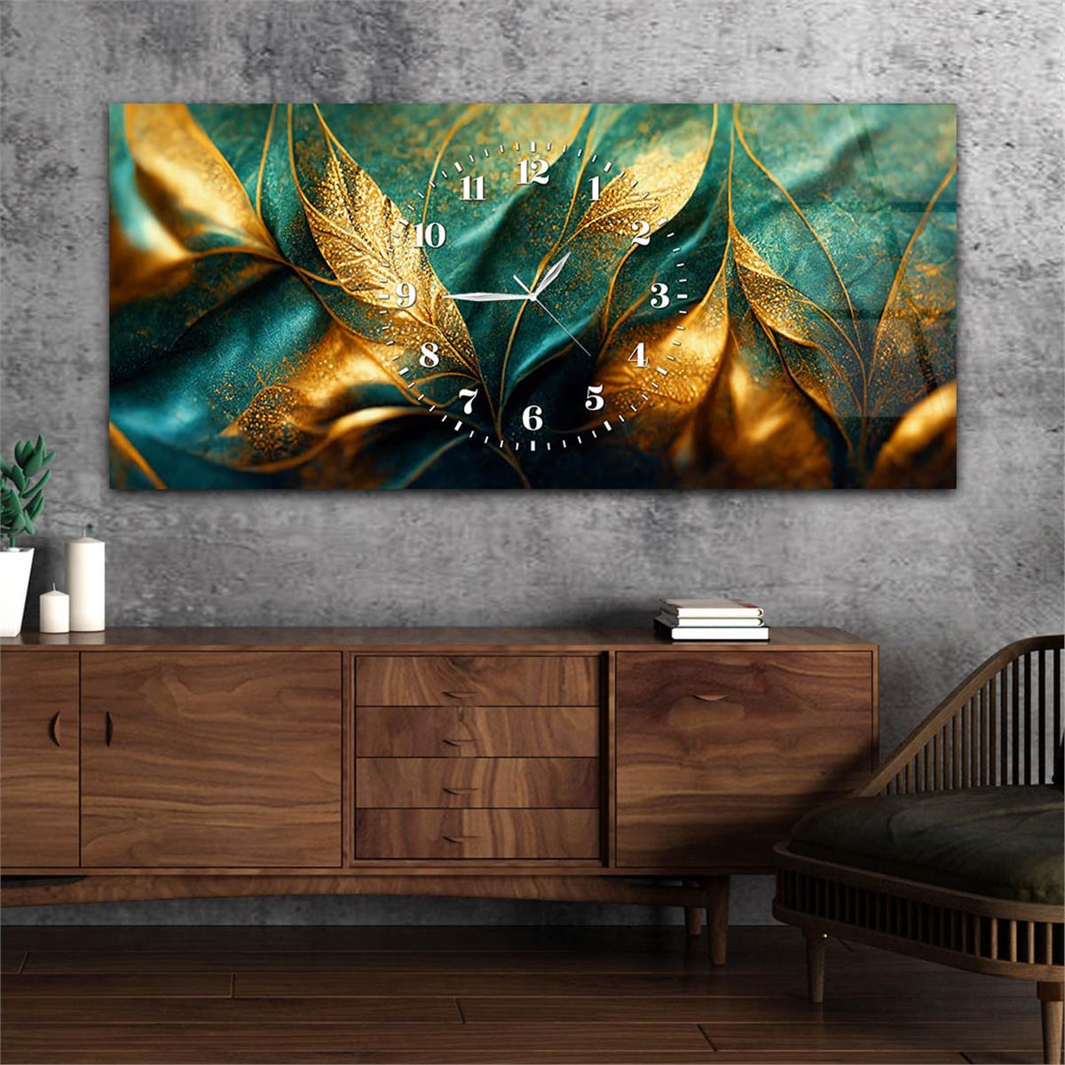Mavi ve Sarı Renkli Yaprak Desenli Saatli Cam Tablo
