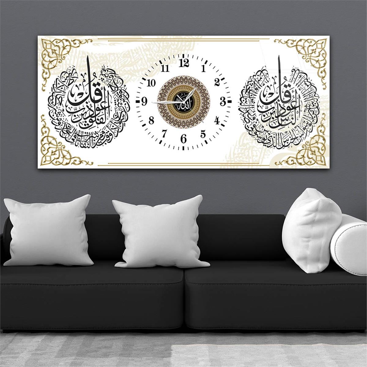Yatay Saatli Ortadan Dini Temalı Cam Tablo 116