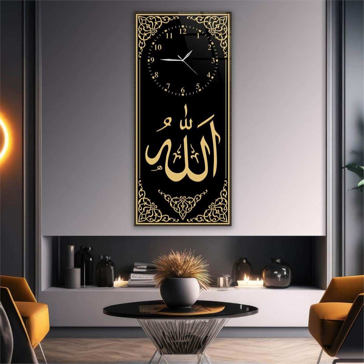 Dikey Üstten Saatli Dini Temalı Cam Tablo 013