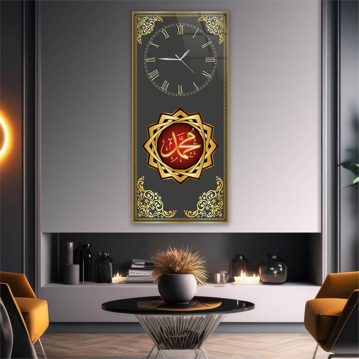 Vertical Religious Themed Glass Wall Art with Clock at the Top  030