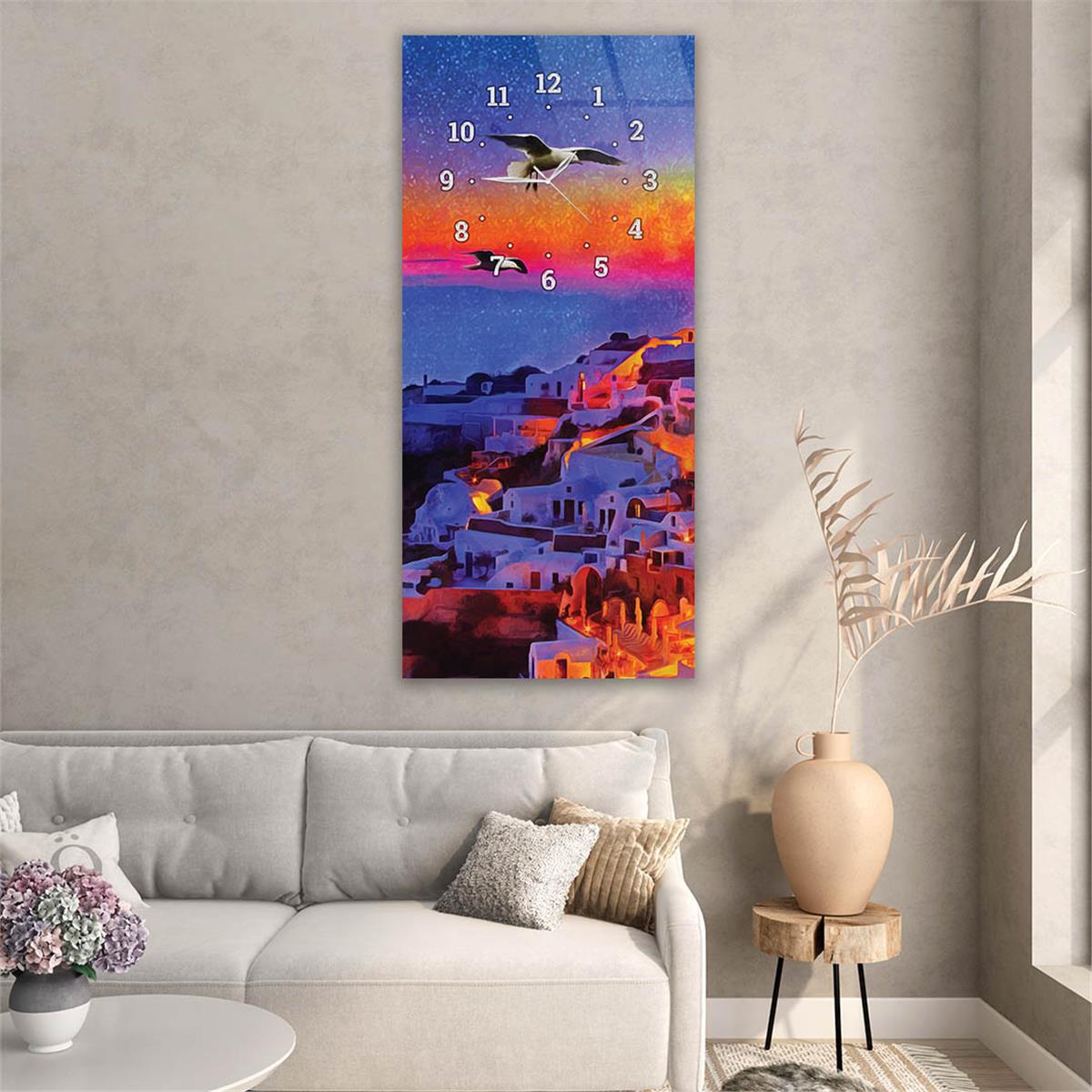 Dikey Üstten Saatli Sanat Temalı Cam Tablo 050