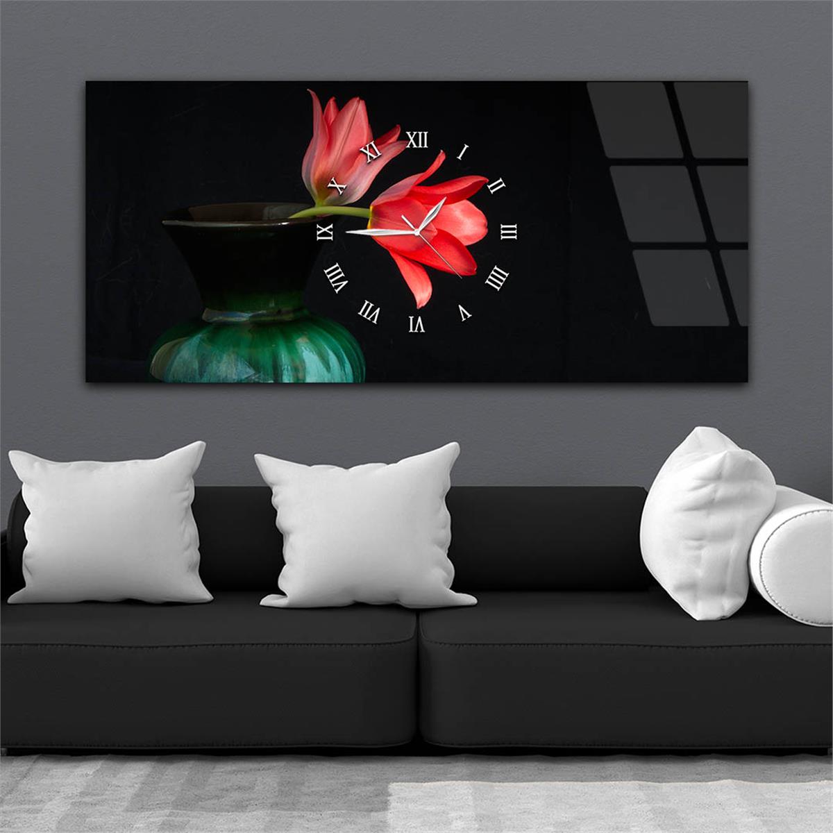 Yatay Ortadan Saatli  Sanat ve Doğa Temalı Cam Tablo 020