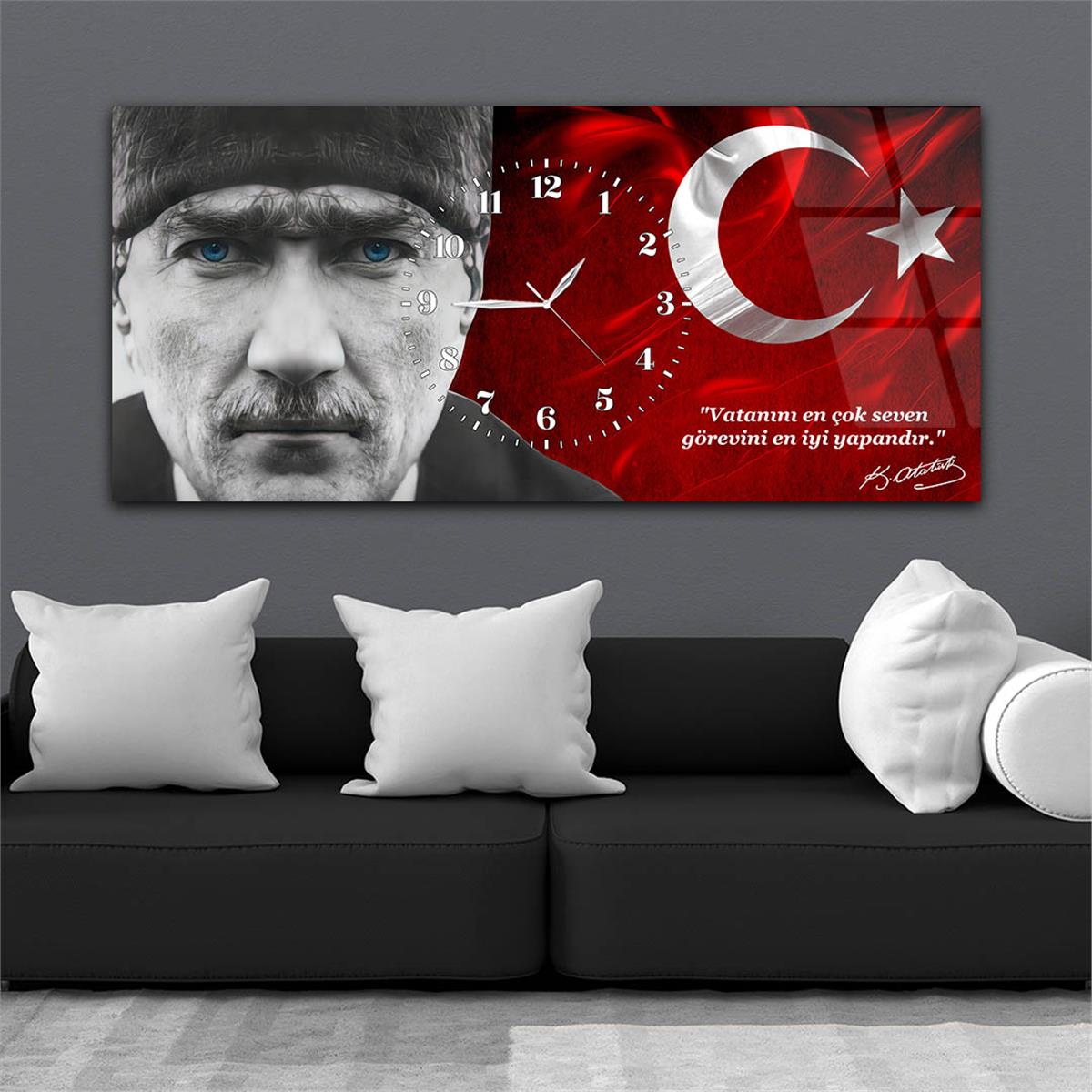 Yatay Saatli Ortadan Vatan Temalı Cam Tablo 146