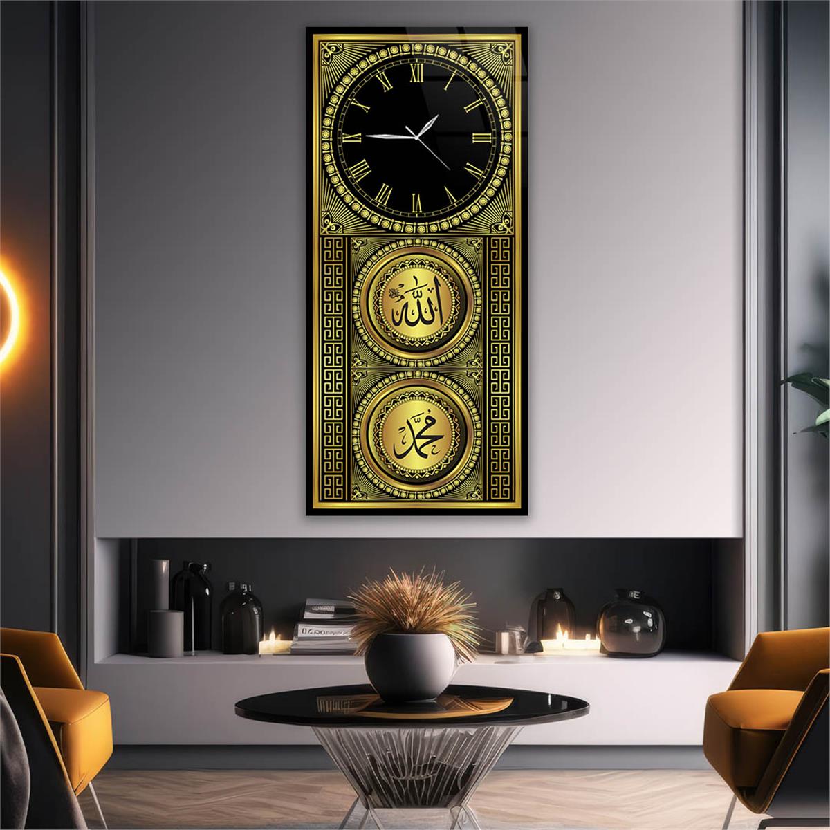 Dikey Üstten Saatli Dini Temalı Cam Tablo 037