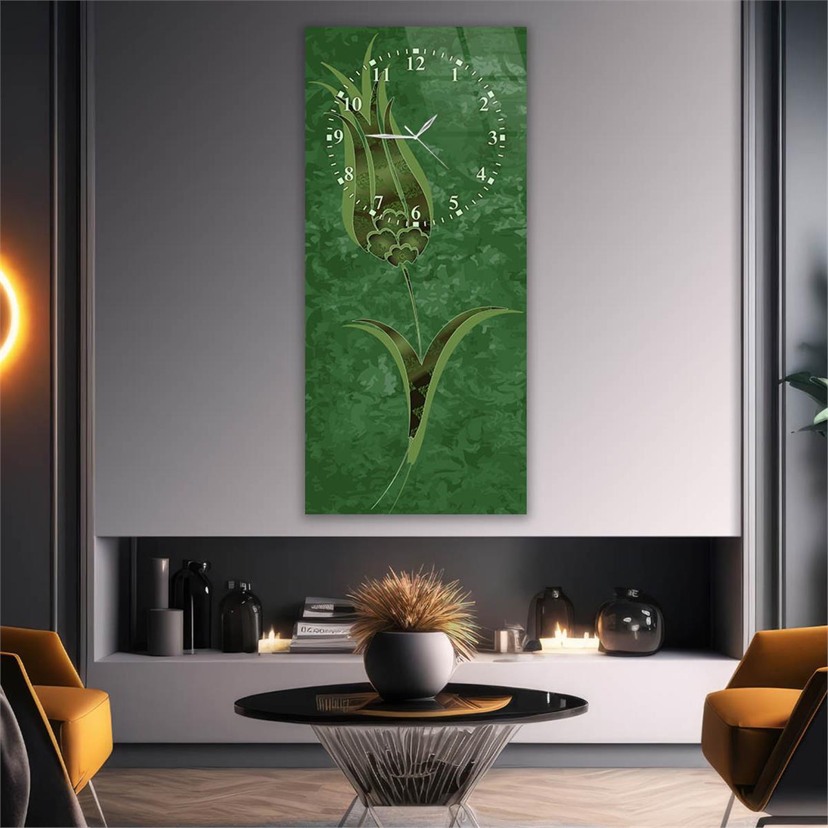 Dikey Üstten Saatli Sanat Temalı Cam Tablo 049