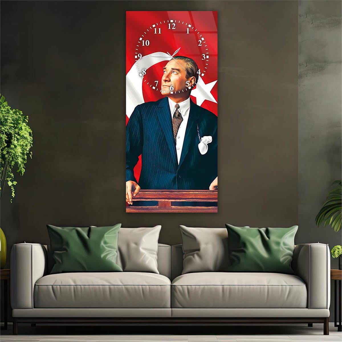 Vertical National Themed Glass Wall Art with Clock at the Top 004