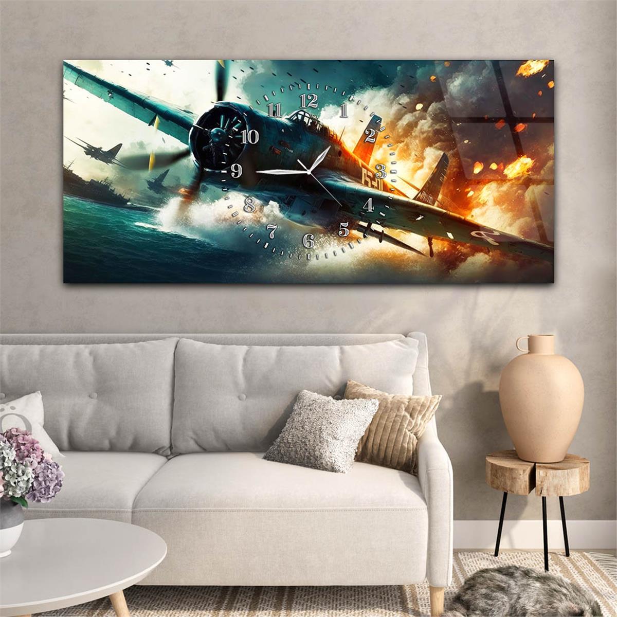Deniz Üstünde Savaş Uçağı Görselli Saatli Cam Tablo