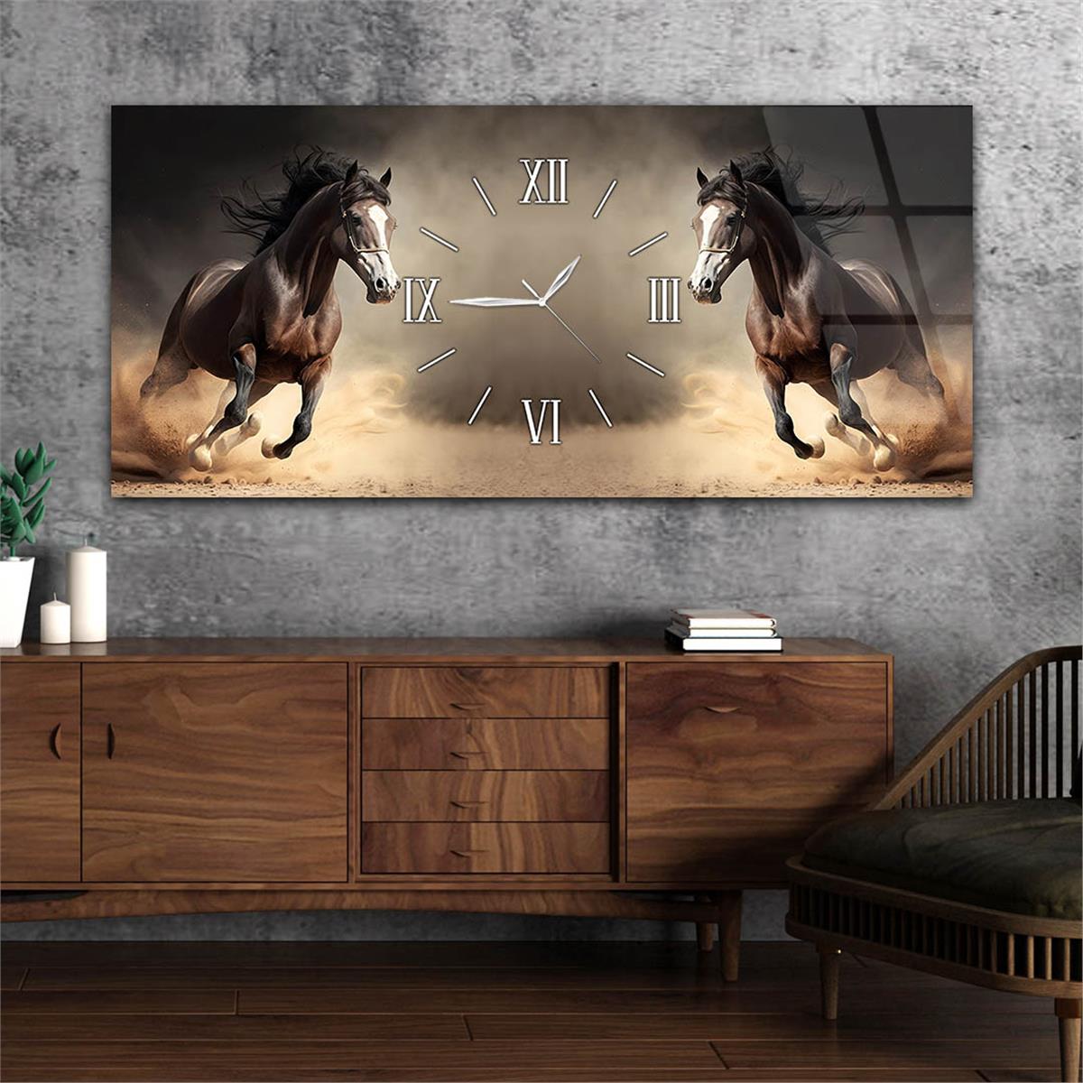 Yatay Ortadan Saatli  Sanat ve Doğa Temalı Cam Tablo 049