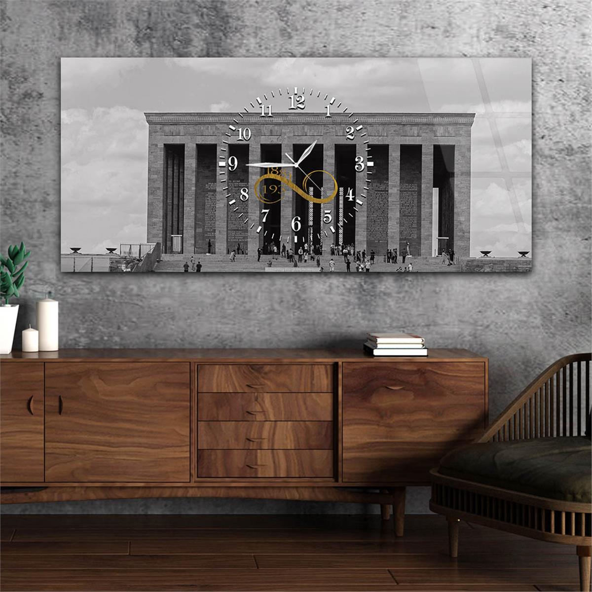 Anıtkabir ve Sonsuz 1881-1938 Yazılı Yatay Ortadan Saatli  Vatan Temalı Cam Tablo 059