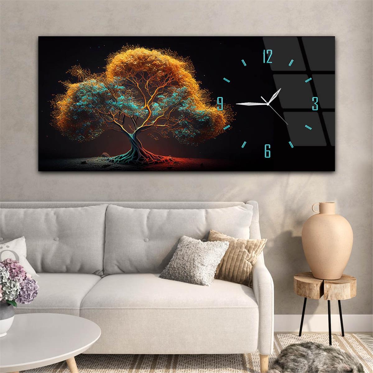 Yatay Saatli Yandan Sanat Temalı Cam Tablo 258