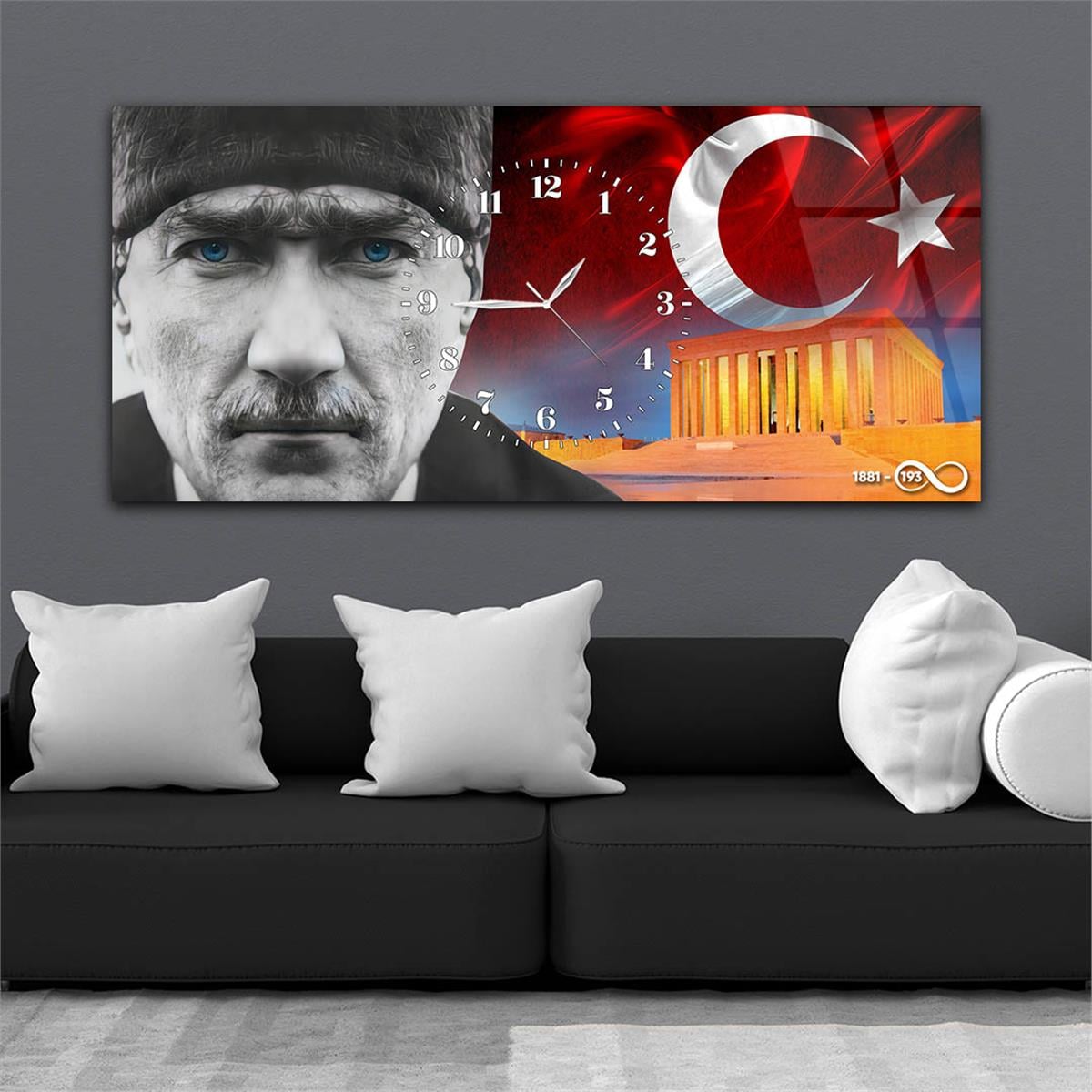 Yatay Saatli Ortadan Vatan Temalı Cam Tablo 160