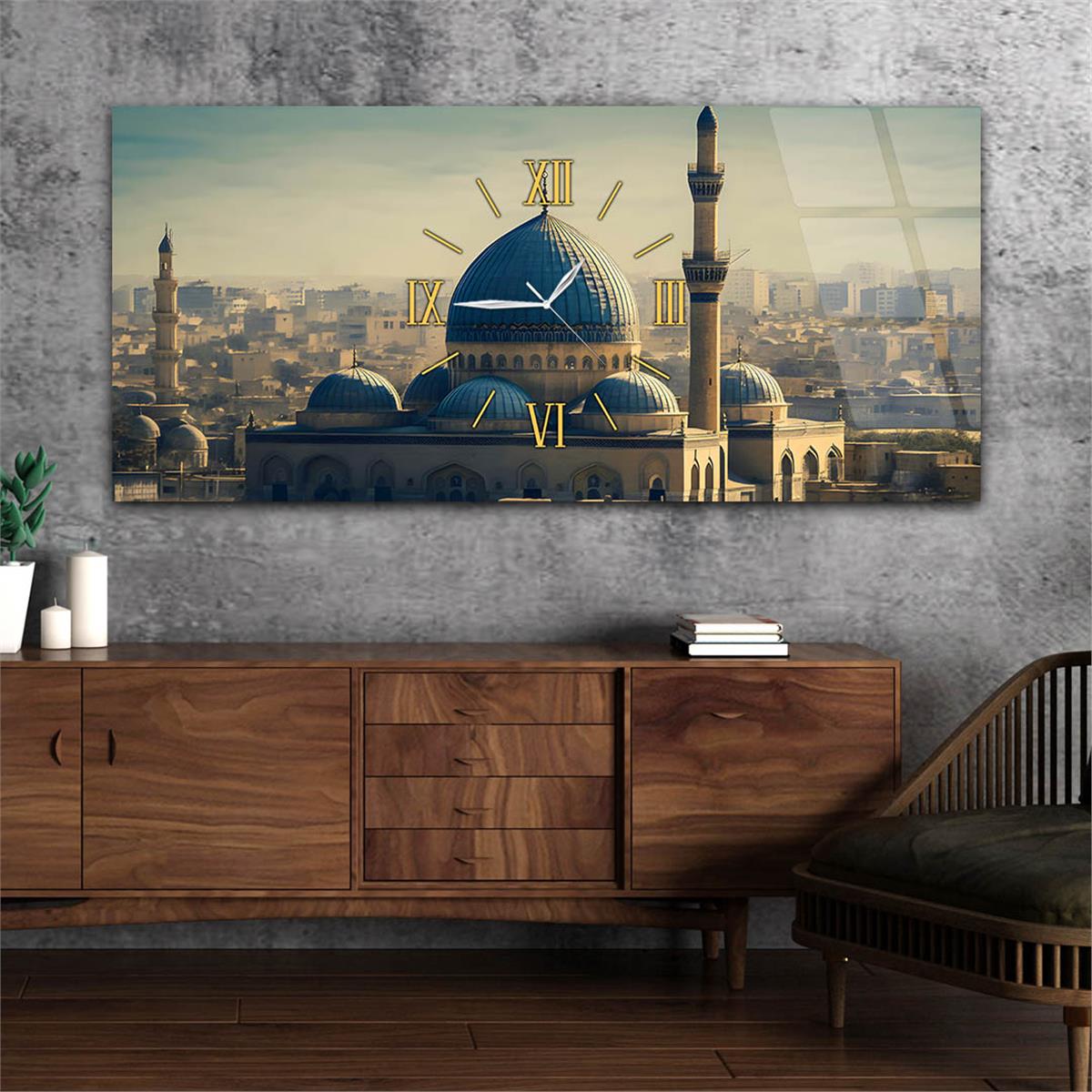 Yatay Ortadan Saatli  Dini Temalı Cam Tablo 111