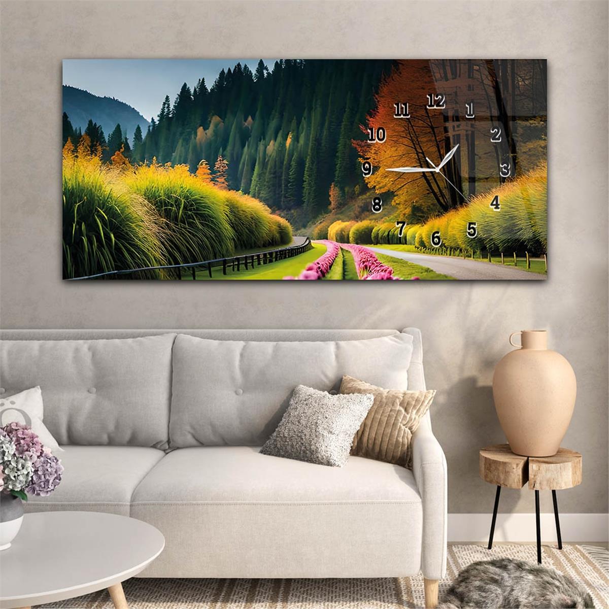 Yatay Saatli Yandan Sanat ve Doğa Temalı Cam Tablo 174
