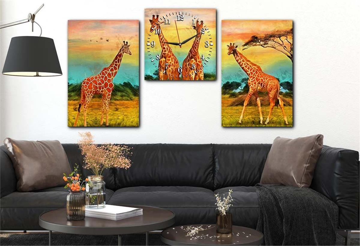 Giraffe Tempered Glass Wall Art Set with Clock