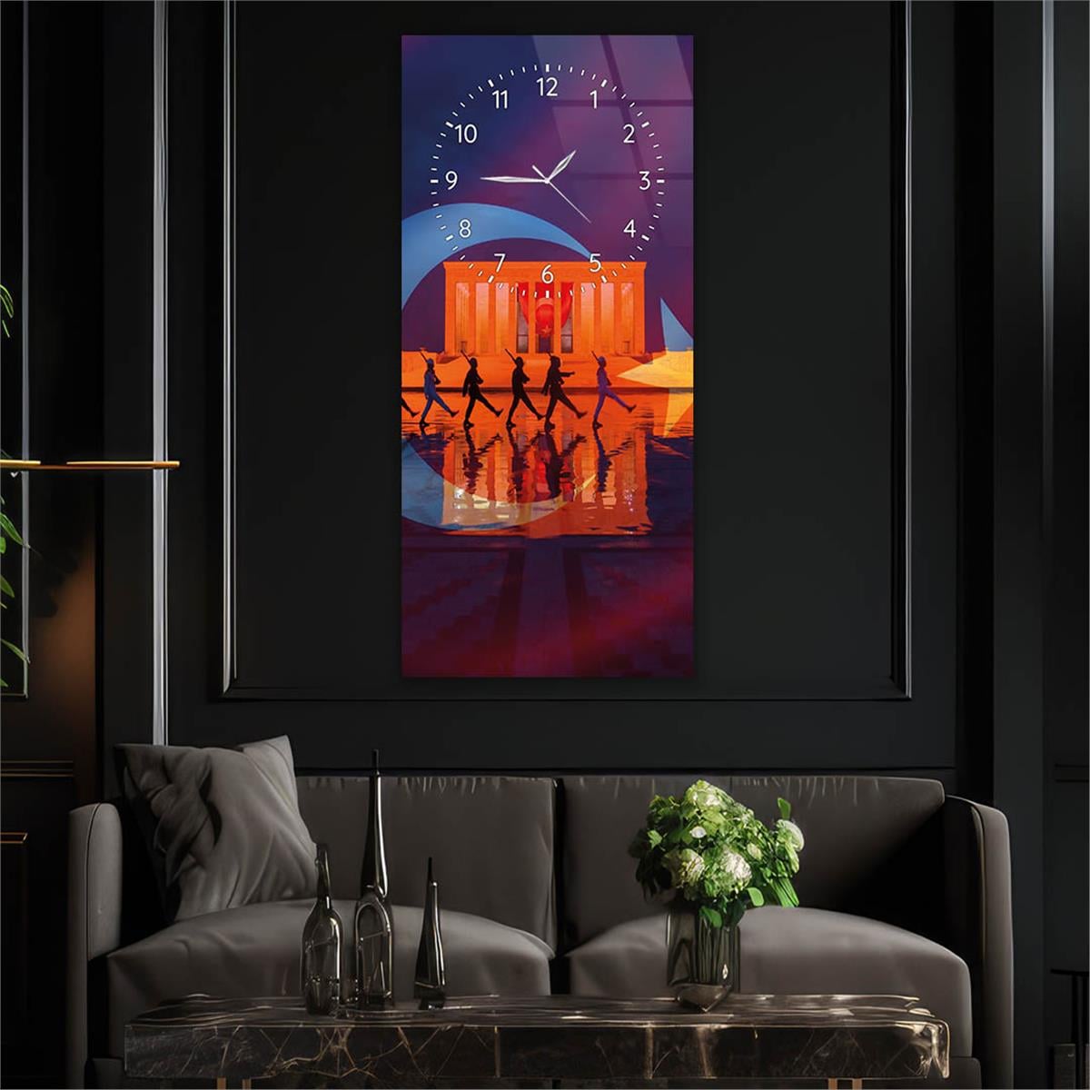 Vertical National Themed Glass Wall Art with Clock at the Top 012