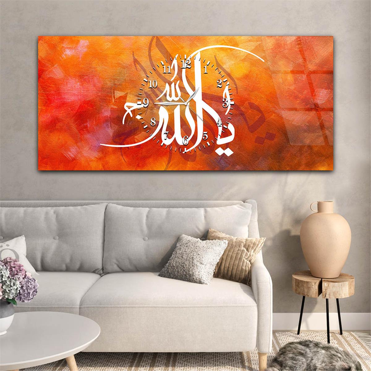 Yatay Ortadan Saatli  Dini Temalı Cam Tablo 032