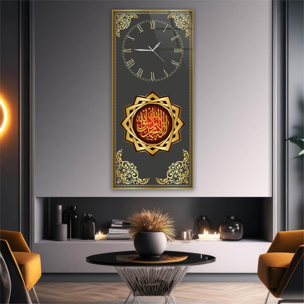 Vertical Religious Themed Glass Wall Art with Clock at the Top  029