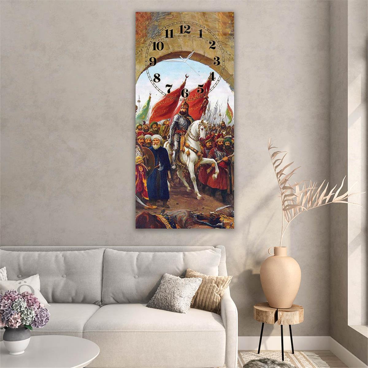 Dikey Üstten Saatli Vatan Temalı Cam Tablo 042