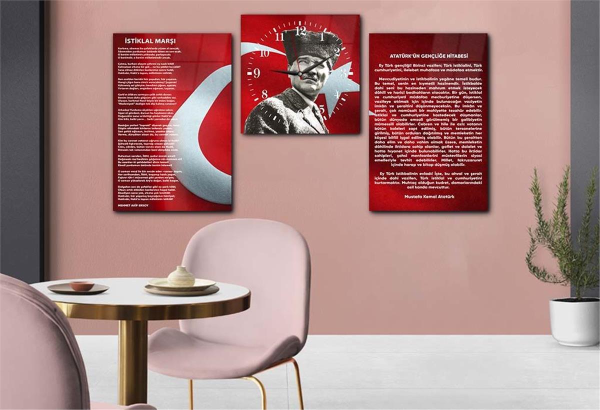 Atatürk, Independence March, and Youth Address Glass Wall Art Set with Clock