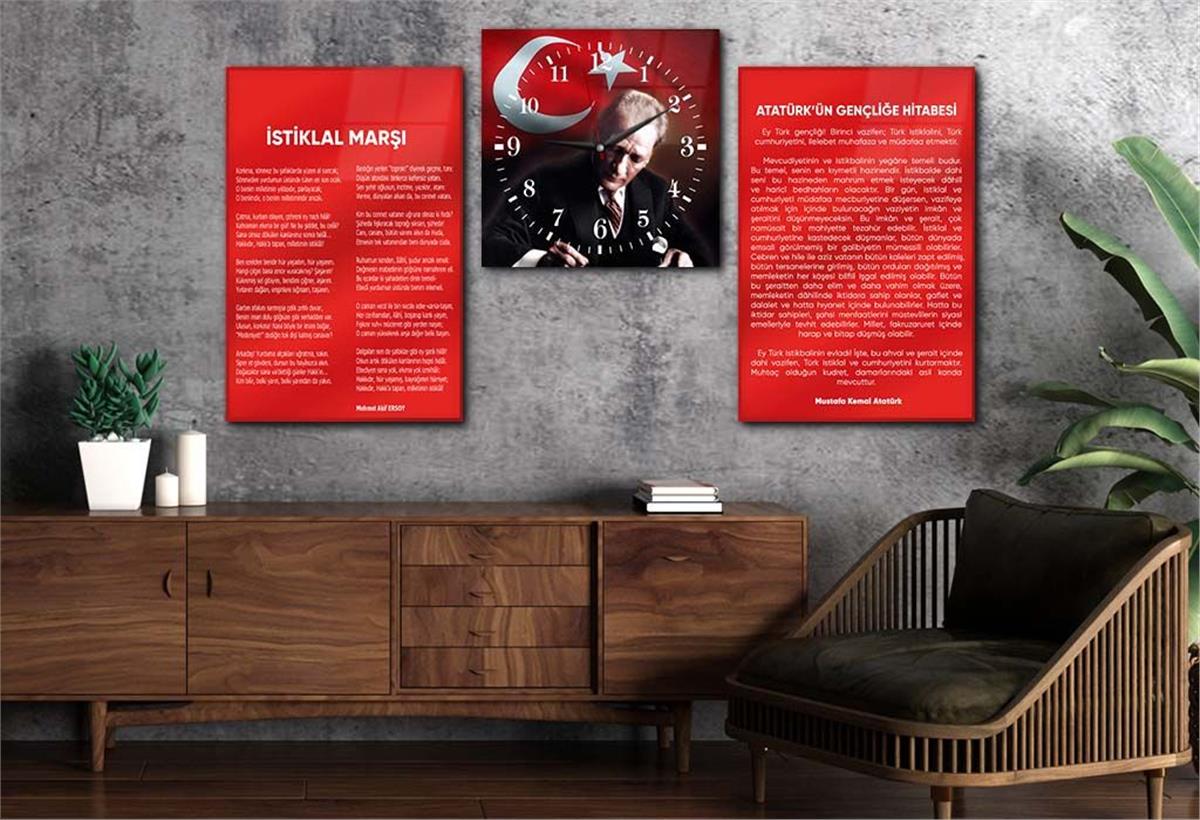 Atatürk, Independence March, and Youth Address Glass Wall Art Set with Clock