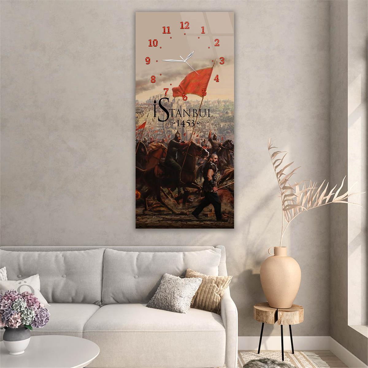 Vertical National Themed Glass Wall Art with Clock at the Top 032