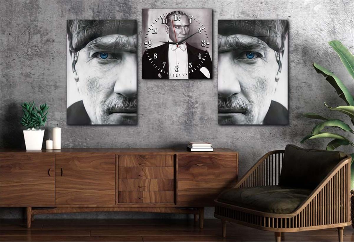 MUSTAFA KEMAL ATATÜK Tempered Glass Wall Art Set with Clock