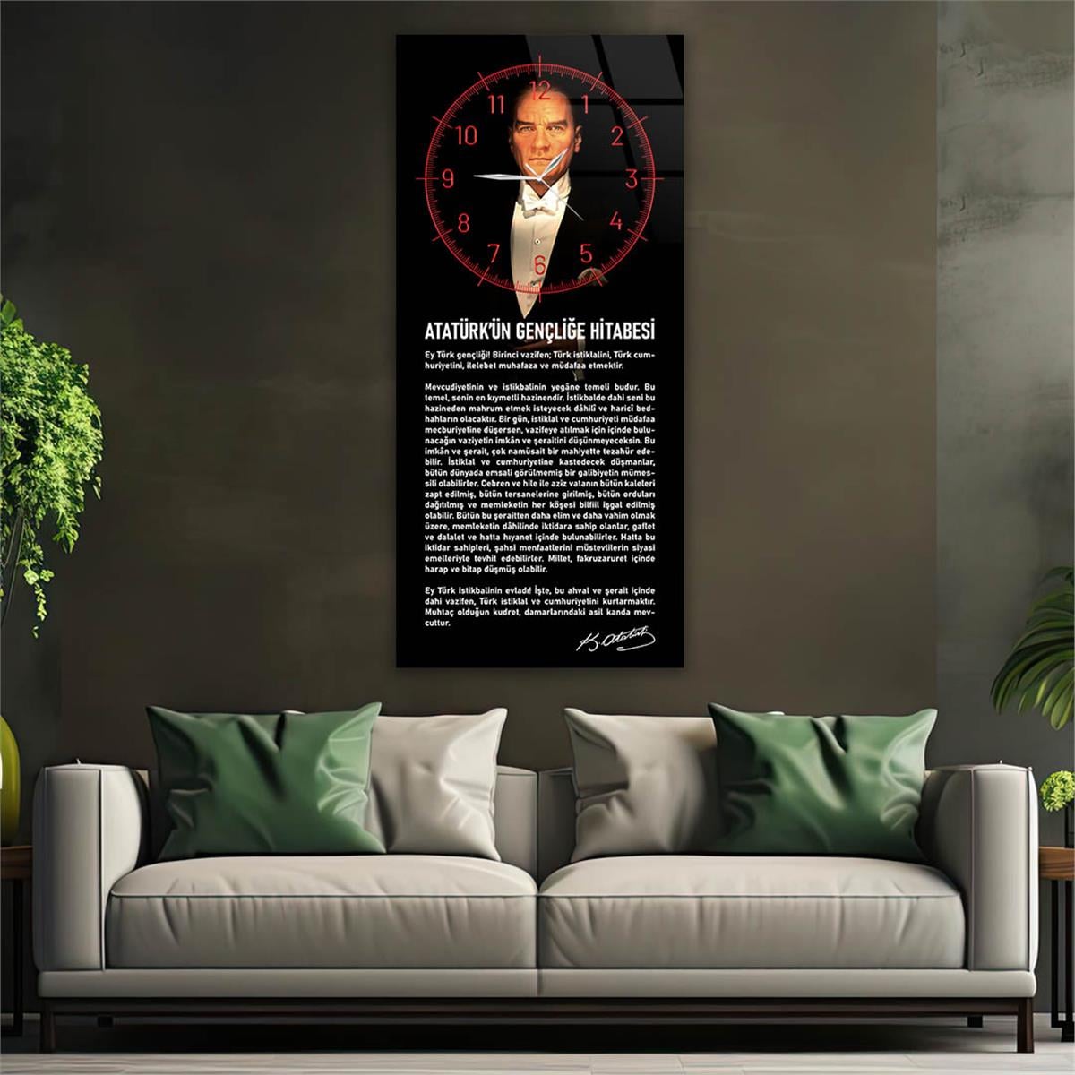 Dikey Üstten Saatli Vatan Temalı Cam Tablo 025