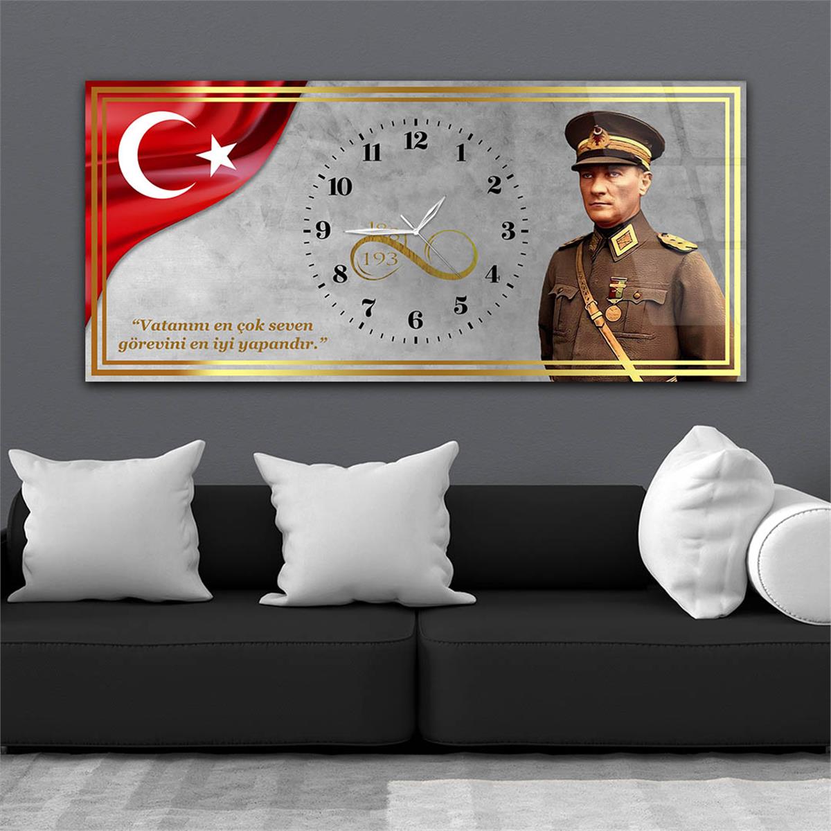 Yatay Saatli Ortadan Vatan Temalı Cam Tablo 143