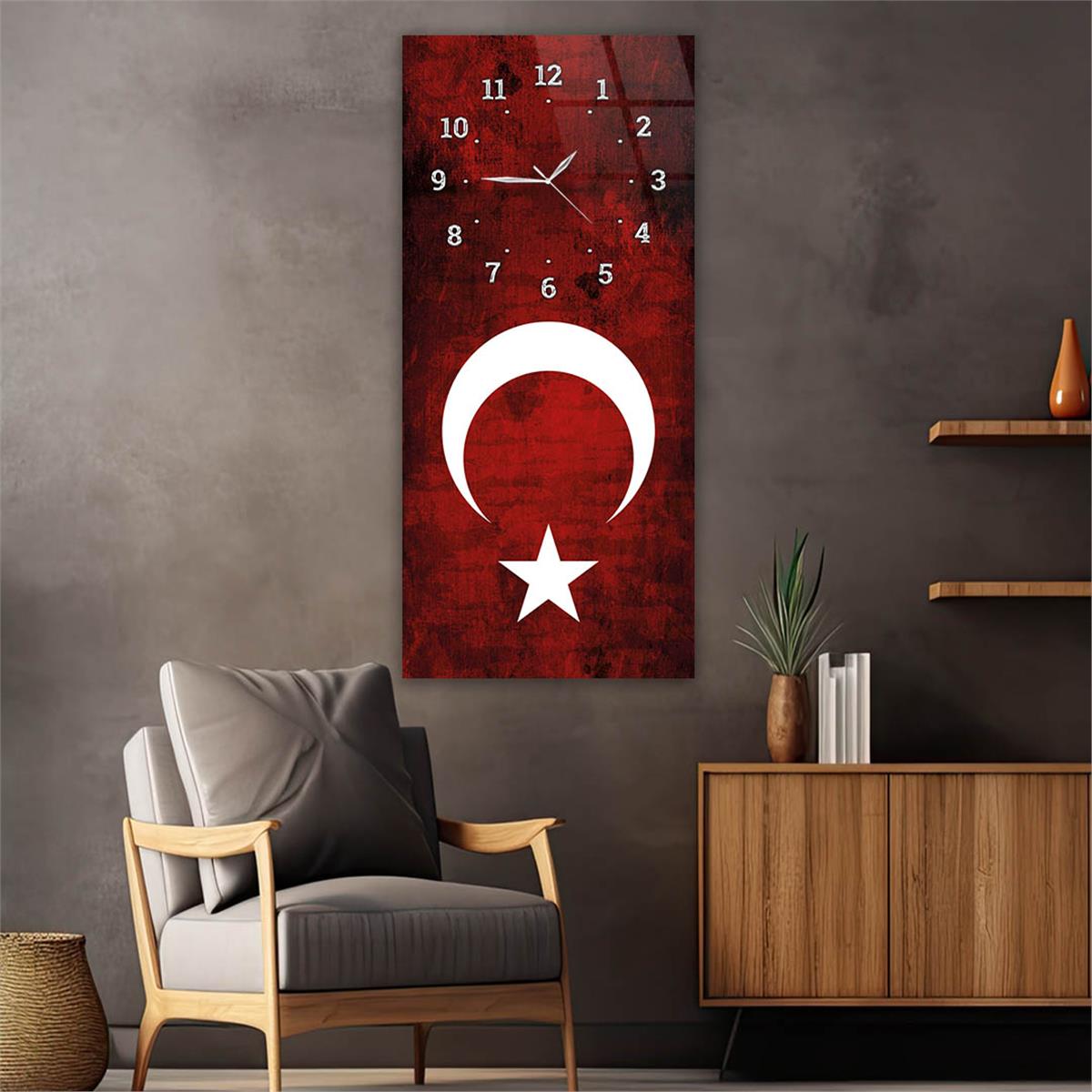 Dikey Üstten Saatli Vatan Temalı Cam Tablo 030