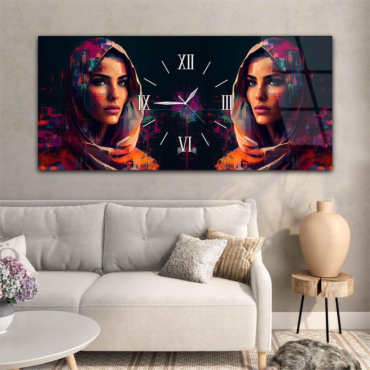 Horizontaal, in Het Midden Voorzien Van Een Klok, Kunst En Natuur Thema Gehard Glasschilderij 066