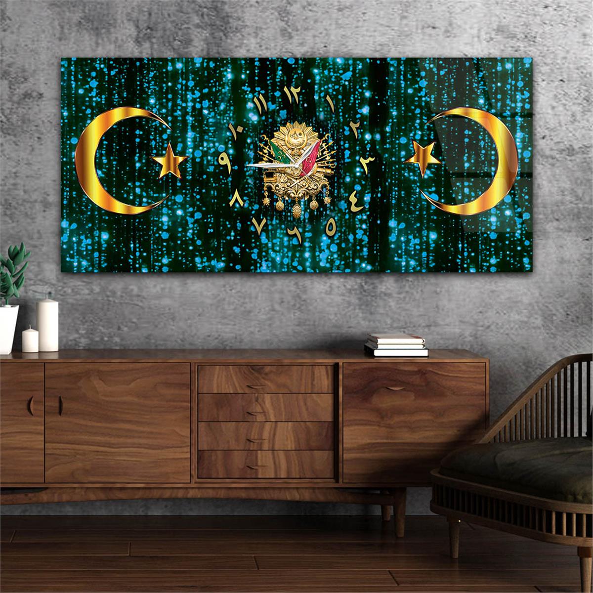 Mavi Zemin Üzerine Ayyıldız ve Osmanlı Tuğrası Saatli Cam Tablo 087